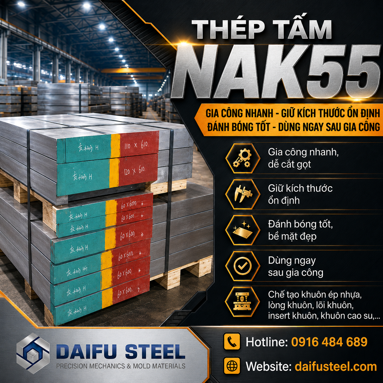 Thép tấm NAK55 – Vật liệu khuôn nhựa gia công nhanh, ổn định và đánh bóng tốt
