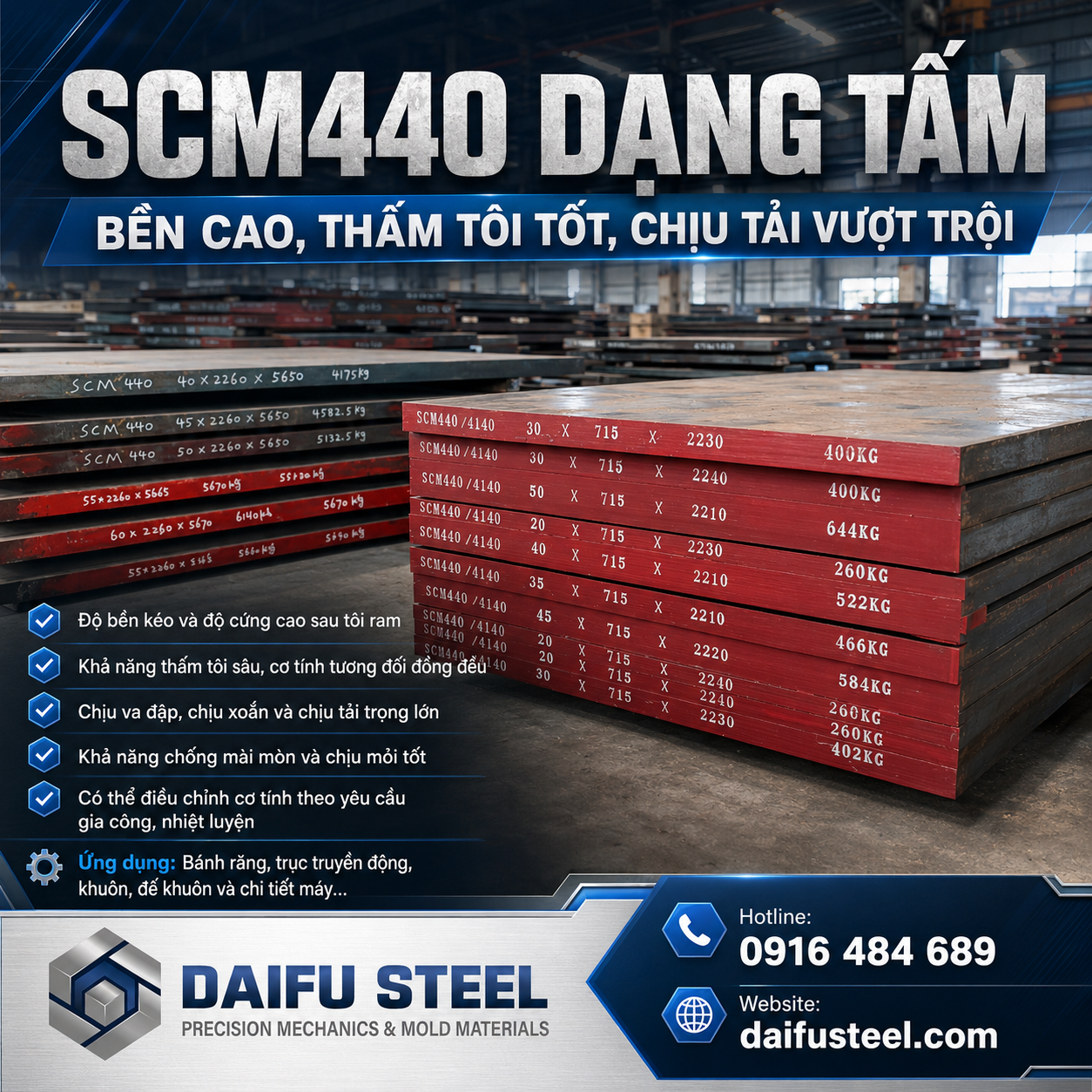 Thép SCM440 Dạng Tấm – Bền Cao, Thấm Tôi Tốt, Chịu Tải Vượt Trội