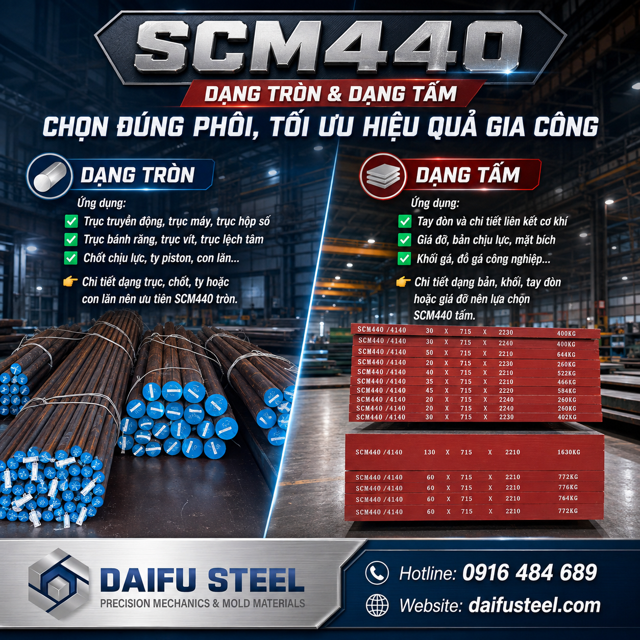 Thép SCM440 dạng tròn và dạng tấm: chọn đúng phôi, tối ưu hiệu quả gia công
